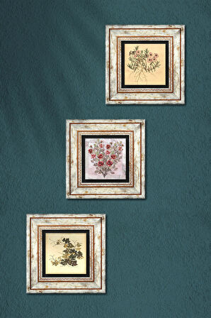 Gül Çiçek, Vintage Çiçek Taş Duvar Tablosu Çerçeveli Duvar Dekoru 3 Parça Tablo Seti Wall Art