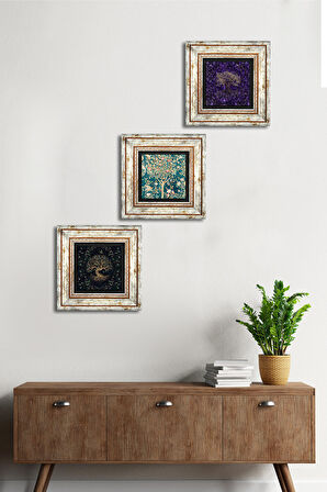 Hayat Ağacı Taş Duvar Tablosu Çerçeveli Duvar Dekoru 3 Parça Tablo Seti Wall Art