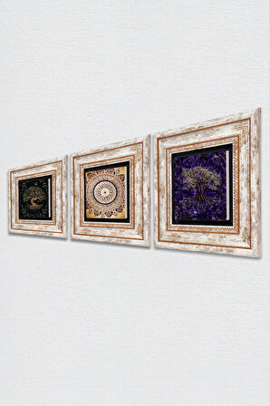 Mandala, Hayat Ağacı Taş Duvar Tablosu Çerçeveli Duvar Dekoru 3 Parça Tablo Seti Wall Art