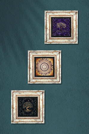 Mandala, Hayat Ağacı Taş Duvar Tablosu Çerçeveli Duvar Dekoru 3 Parça Tablo Seti Wall Art