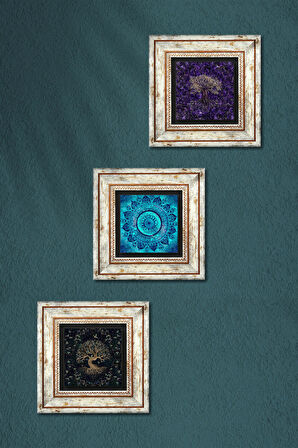 Mandala, Hayat Ağacı Taş Duvar Tablosu Çerçeveli Duvar Dekoru 3 Parça Tablo Seti Wall Art