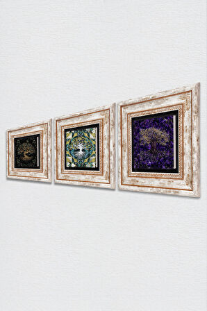 Hayat Ağacı Taş Duvar Tablosu Çerçeveli Duvar Dekoru 3 Parça Tablo Seti Wall Art