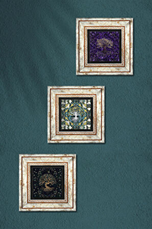 Hayat Ağacı Taş Duvar Tablosu Çerçeveli Duvar Dekoru 3 Parça Tablo Seti Wall Art
