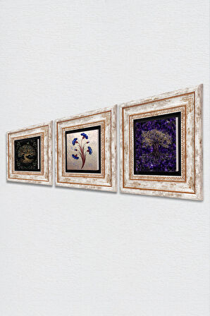 Ebru Sanatı, Hayat Ağacı Taş Duvar Tablosu Çerçeveli Duvar Dekoru 3 Parça Tablo Seti Wall Art