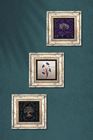 Ebru Sanatı, Hayat Ağacı Taş Duvar Tablosu Çerçeveli Duvar Dekoru 3 Parça Tablo Seti Wall Art