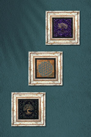 Yaşam Çiçeği, Hayat Ağacı Taş Duvar Tablosu Çerçeveli Duvar Dekoru 3 Parça Tablo Seti Wall Art