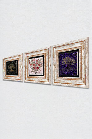 Gül Çiçek, Hayat Ağacı Taş Duvar Tablosu Çerçeveli Duvar Dekoru 3 Parça Tablo Seti Wall Art