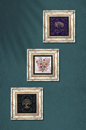 Gül Çiçek, Hayat Ağacı Taş Duvar Tablosu Çerçeveli Duvar Dekoru 3 Parça Tablo Seti Wall Art