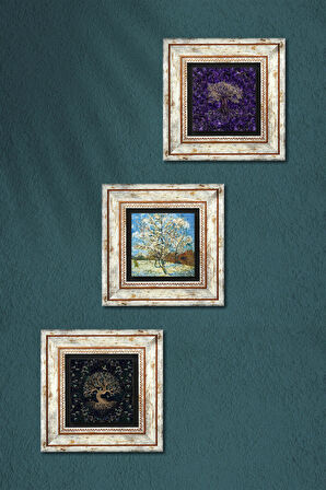 Van Gogh Çiçeklenen Pembe Şeftali Ağacı, Hayat Ağacı Taş Duvar Tablosu Çerçeveli Duvar Dekoru 3 Parça Tablo Seti Wall Art