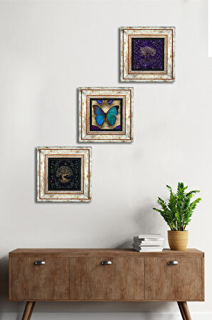 Kelebek, Hayat Ağacı Taş Duvar Tablosu Çerçeveli Duvar Dekoru 3 Parça Tablo Seti Wall Art