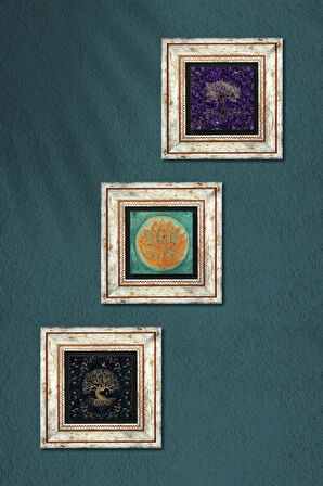 Lotus Çiçeği, Hayat Ağacı Taş Duvar Tablosu Çerçeveli Duvar Dekoru 3 Parça Tablo Seti Wall Art