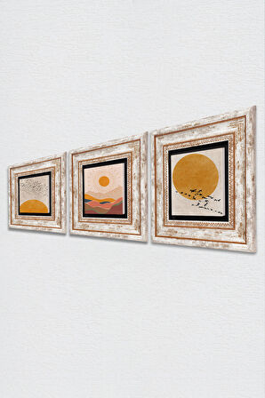 Minimalist, Bohem Taş Duvar Tablosu Çerçeveli Duvar Dekoru 3 Parça Tablo Seti Wall Art