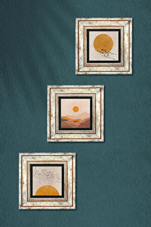 Minimalist, Bohem Taş Duvar Tablosu Çerçeveli Duvar Dekoru 3 Parça Tablo Seti Wall Art