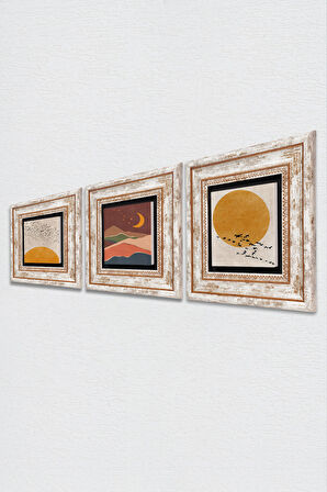 Minimalist, Bohem Taş Duvar Tablosu Çerçeveli Duvar Dekoru 3 Parça Tablo Seti Wall Art