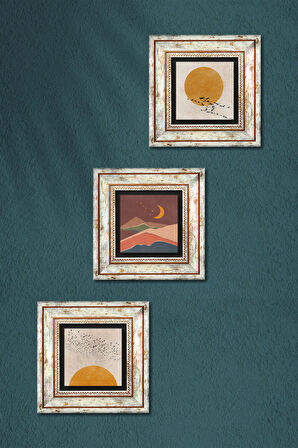 Minimalist, Bohem Taş Duvar Tablosu Çerçeveli Duvar Dekoru 3 Parça Tablo Seti Wall Art