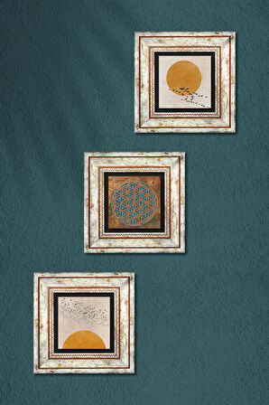 Minimalist, Yaşam Çiçeği Taş Duvar Tablosu Çerçeveli Duvar Dekoru 3 Parça Tablo Seti Wall Art
