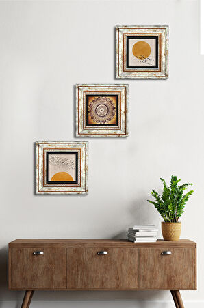 Minimalist, Mandala Taş Duvar Tablosu Çerçeveli Duvar Dekoru 3 Parça Tablo Seti Wall Art