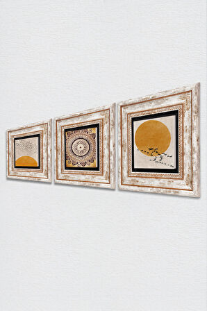 Minimalist, Mandala Taş Duvar Tablosu Çerçeveli Duvar Dekoru 3 Parça Tablo Seti Wall Art
