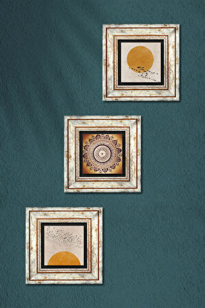 Minimalist, Mandala Taş Duvar Tablosu Çerçeveli Duvar Dekoru 3 Parça Tablo Seti Wall Art
