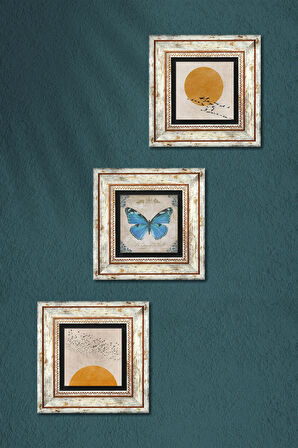 Minimalist, Kelebek Taş Duvar Tablosu Çerçeveli Duvar Dekoru 3 Parça Tablo Seti Wall Art
