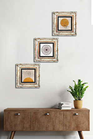 Minimalist, Yaşam Çiçeği Taş Duvar Tablosu Çerçeveli Duvar Dekoru 3 Parça Tablo Seti Wall Art