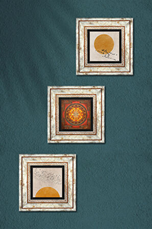 Minimalist, Sri Yantra Taş Duvar Tablosu Çerçeveli Duvar Dekoru 3 Parça Tablo Seti Wall Art
