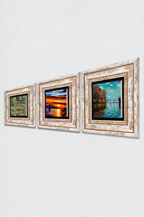 Claude Monet Sonbahar, Nilüfer Gölü, Deniz Manzarası Taş Duvar Tablosu Çerçeveli Duvar Dekoru 3 Parça Tablo Seti Wall Art