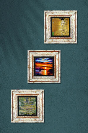 Gustav Klimt, Deniz Manzarası, Claude Monet Taş Duvar Tablosu Çerçeveli Duvar Dekoru 3 Parça Tablo Seti Wall Art