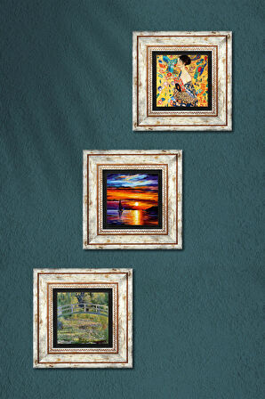 Gustav Klimt, Deniz Manzarası, Claude Monet Taş Duvar Tablosu Çerçeveli Duvar Dekoru 3 Parça Tablo Seti Wall Art