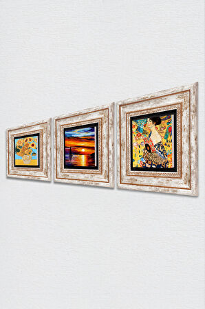 Van Gogh, Gustav Klimt, Deniz Manzarası Taş Duvar Tablosu Çerçeveli Duvar Dekoru 3 Parça Tablo Seti Wall Art
