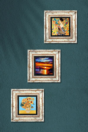 Van Gogh, Gustav Klimt, Deniz Manzarası Taş Duvar Tablosu Çerçeveli Duvar Dekoru 3 Parça Tablo Seti Wall Art
