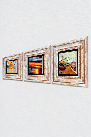 Van Gogh, Deniz Manzarası Taş Duvar Tablosu Çerçeveli Duvar Dekoru 3 Parça Tablo Seti Wall Art