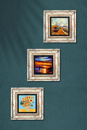 Van Gogh, Deniz Manzarası Taş Duvar Tablosu Çerçeveli Duvar Dekoru 3 Parça Tablo Seti Wall Art
