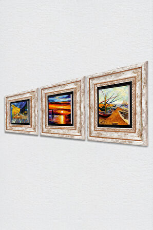 Van Gogh, Deniz Manzarası Taş Duvar Tablosu Çerçeveli Duvar Dekoru 3 Parça Tablo Seti Wall Art