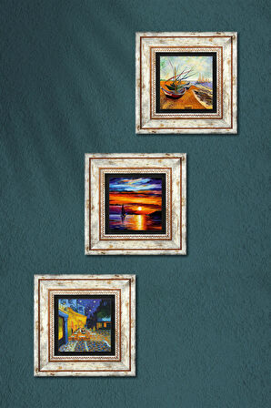 Van Gogh, Deniz Manzarası Taş Duvar Tablosu Çerçeveli Duvar Dekoru 3 Parça Tablo Seti Wall Art
