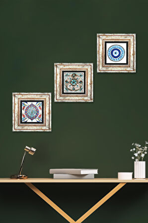 Nazar, Çini Sanatı Taş Duvar Tablosu Çerçeveli Duvar Dekoru 3 Parça Tablo Seti Wall Art