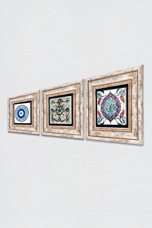 Nazar, Çini Sanatı Taş Duvar Tablosu Çerçeveli Duvar Dekoru 3 Parça Tablo Seti Wall Art