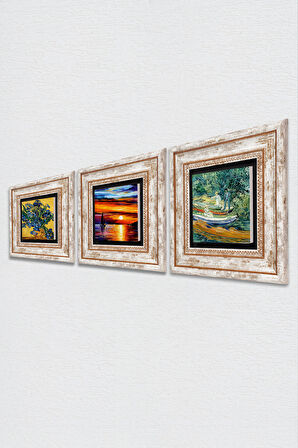 Van Gogh Süsenler, Oise Bankası, Deniz Manzarası Taş Duvar Tablosu Çerçeveli Duvar Dekoru 3 Parça Tablo Seti Wall Art