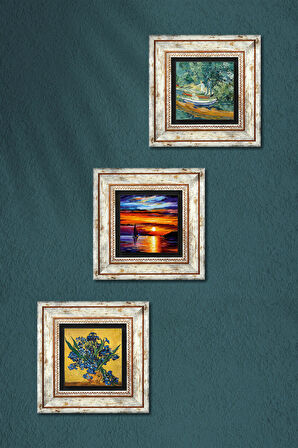 Van Gogh Süsenler, Oise Bankası, Deniz Manzarası Taş Duvar Tablosu Çerçeveli Duvar Dekoru 3 Parça Tablo Seti Wall Art