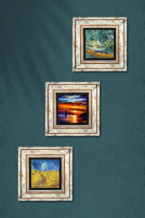 Van Gogh, Deniz Manzarası Taş Duvar Tablosu Çerçeveli Duvar Dekoru 3 Parça Tablo Seti Wall Art