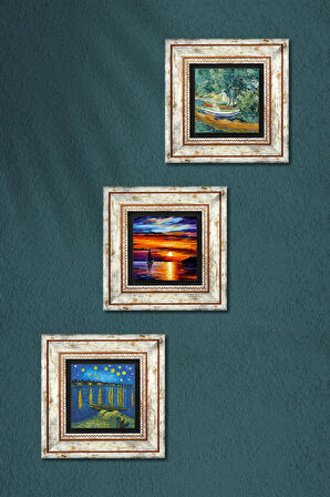 Van Gogh, Deniz Manzarası Taş Duvar Tablosu Çerçeveli Duvar Dekoru 3 Parça Tablo Seti Wall Art