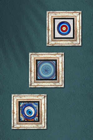 Nazar Taş Duvar Tablosu Çerçeveli Duvar Dekoru 3 Parça Tablo Seti Wall Art