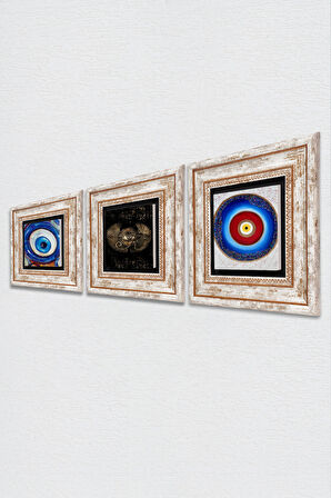 Nazar, Horus'un Gözü Taş Duvar Tablosu Çerçeveli Duvar Dekoru 3 Parça Tablo Seti Wall Art