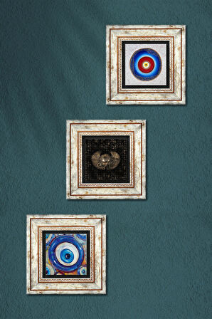 Nazar, Horus'un Gözü Taş Duvar Tablosu Çerçeveli Duvar Dekoru 3 Parça Tablo Seti Wall Art