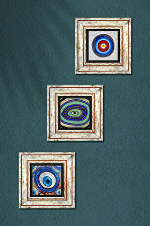 Nazar Taş Duvar Tablosu Çerçeveli Duvar Dekoru 3 Parça Tablo Seti Wall Art