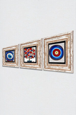 Nazar, Nar Ağacı Taş Duvar Tablosu Çerçeveli Duvar Dekoru 3 Parça Tablo Seti Wall Art