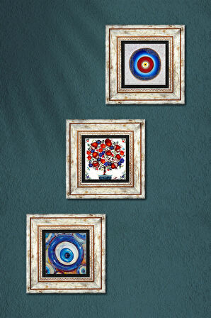 Nazar, Nar Ağacı Taş Duvar Tablosu Çerçeveli Duvar Dekoru 3 Parça Tablo Seti Wall Art