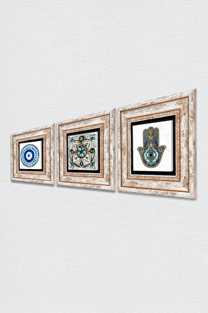 Nazar, Çini Sanatı, Fatma Ana Eli (Hamsa) Taş Duvar Tablosu Çerçeveli Duvar Dekoru 3 Parça Tablo Seti Wall Art