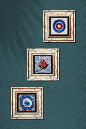 Nazar, Nar Taş Duvar Tablosu Çerçeveli Duvar Dekoru 3 Parça Tablo Seti Wall Art