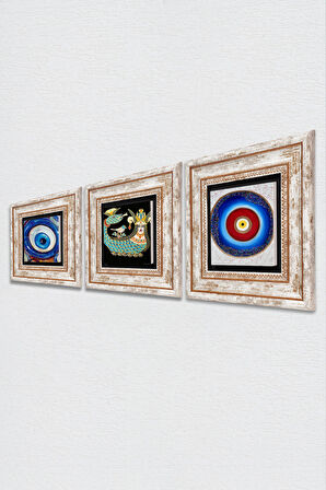Nazar, Şahmeran Taş Duvar Tablosu Çerçeveli Duvar Dekoru 3 Parça Tablo Seti Wall Art